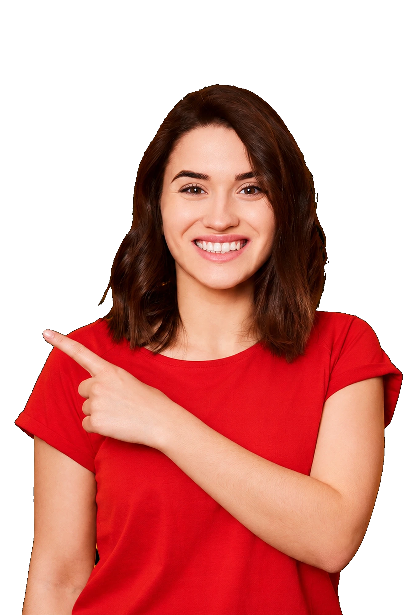 Smiling PHOTO PIXEL customer pointing towards the slogan